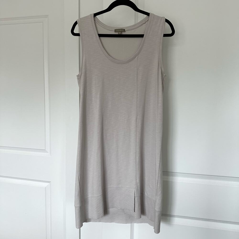 Lilla P (M) Neutral Asymmetrical Hem Tank Shift Knee Dress- Lagenlook, Flowy